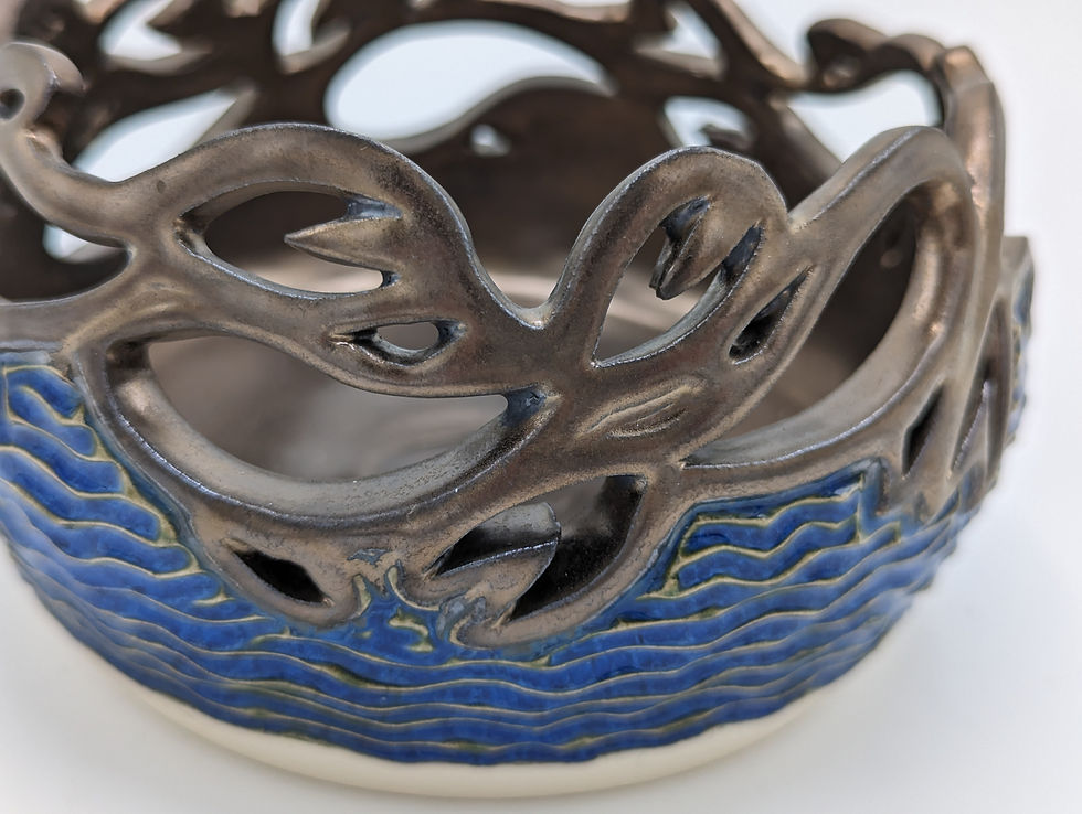 Thumbnail: Hand Thrown Pottery, Carved and Pierced little fish bowl.