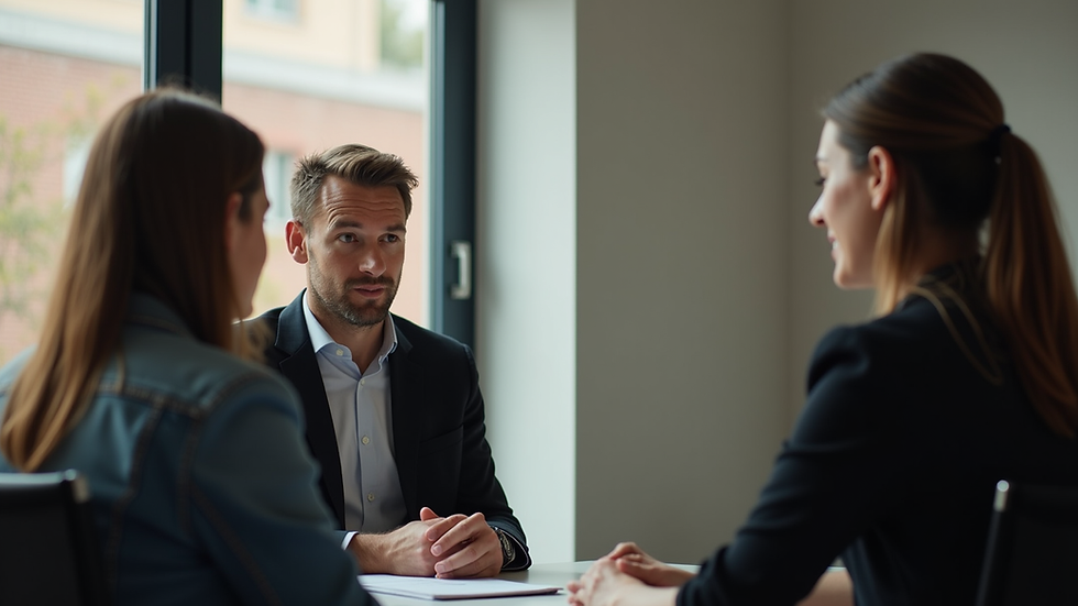 Eye-level view of a mediation session with two individuals discussing a conflict