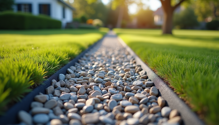 High angle view of a completed French drain system with gravel and geotextile fabric in a residential yard