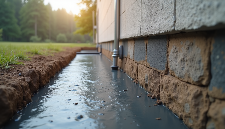 Eye-level view of exterior foundation wall with waterproofing membrane and drainage system installed