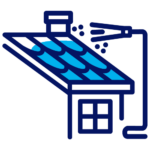Illustration of a house with solar panels on the roof being cleaned with pressure washing equipment. A stream of water is directed at the panels.