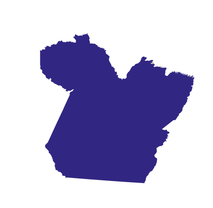 Mapa do estado do Pará na cor Roxa escura com destaque para as cidades de Santarém, em vermelho, Monte Alegre em verde, Belém, em amarelo e Ananideua, em vermelho. Que correspondem as cidade dos artista que fazem parte da plataforma Arte Defiça