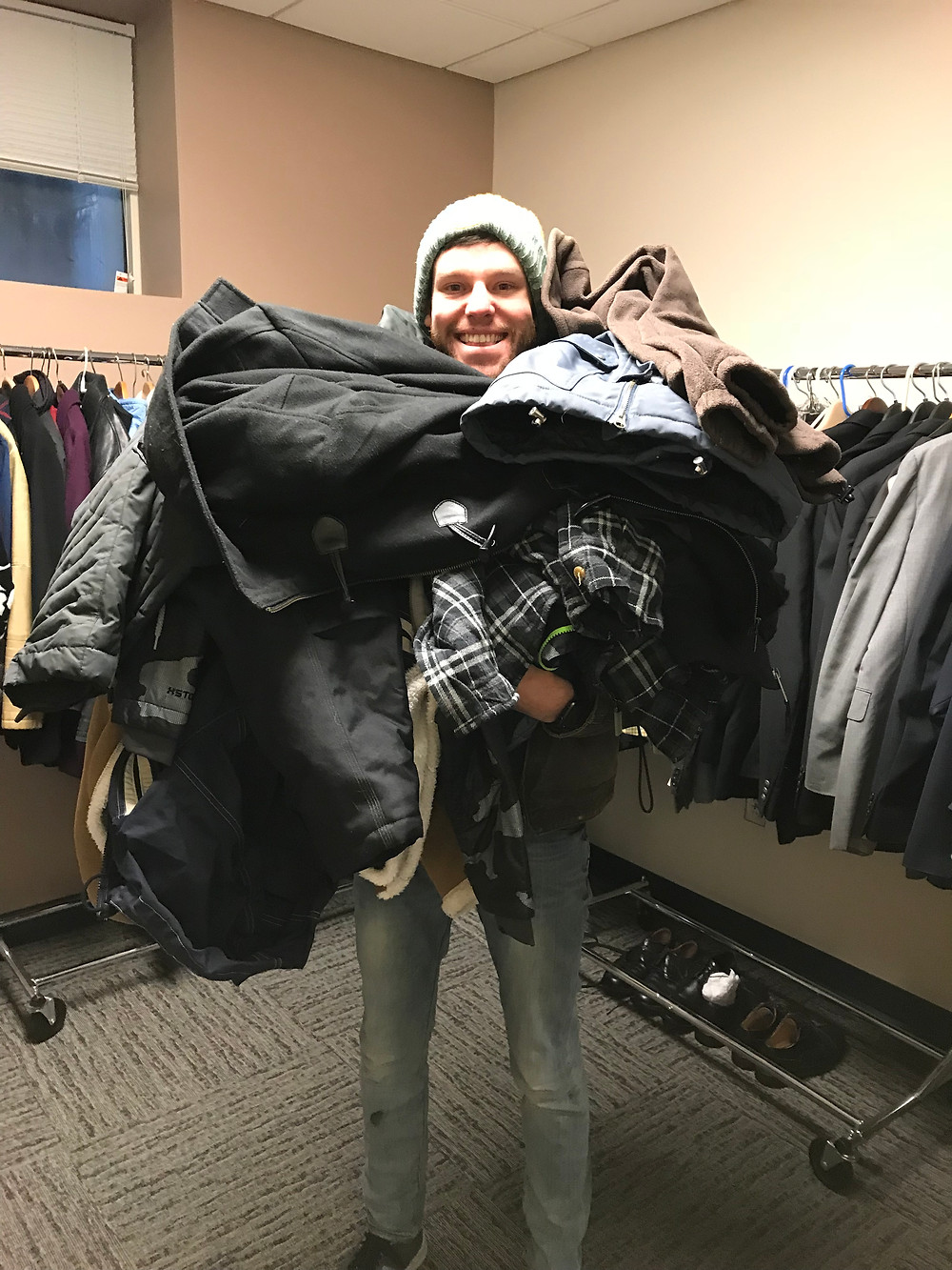 Kevin with the coats