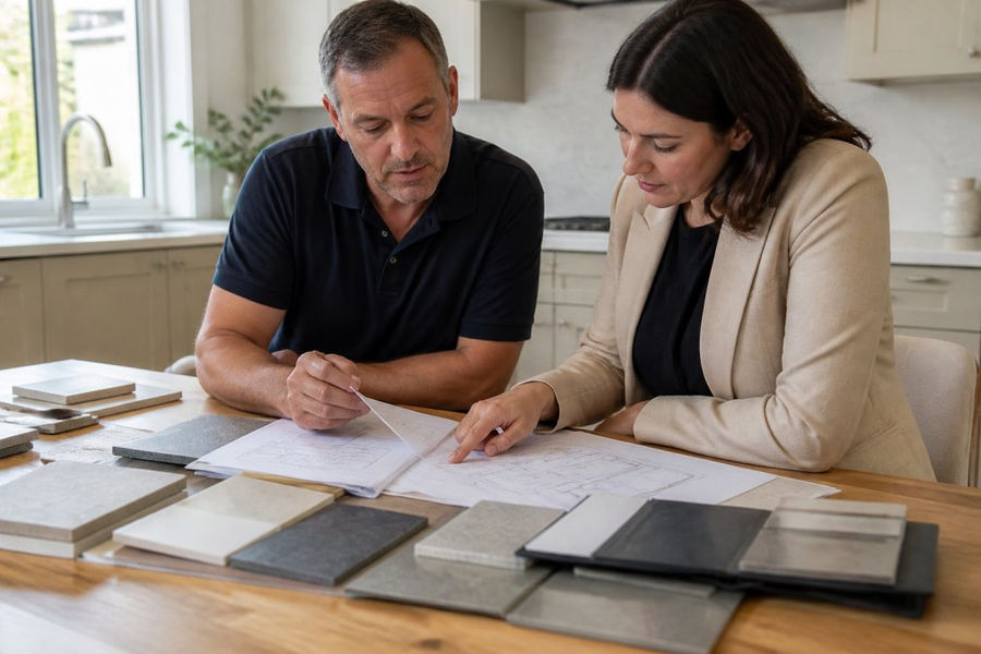 Close-up of a homeowner and architect reviewing budget paperwork and sample material swatches spread across a kitchen table in natural daylight