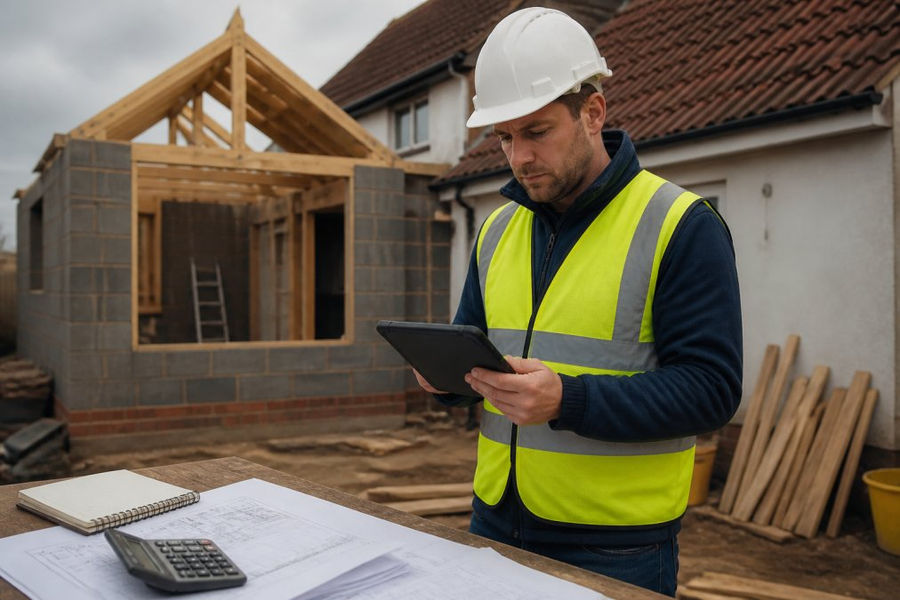 Structural engineer reviewing plans on a site where the cost of structural engineering for an extension is applied.