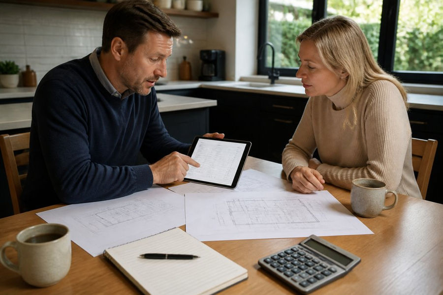 Infographic showing the process and variables used to calculate building control fees for home projects