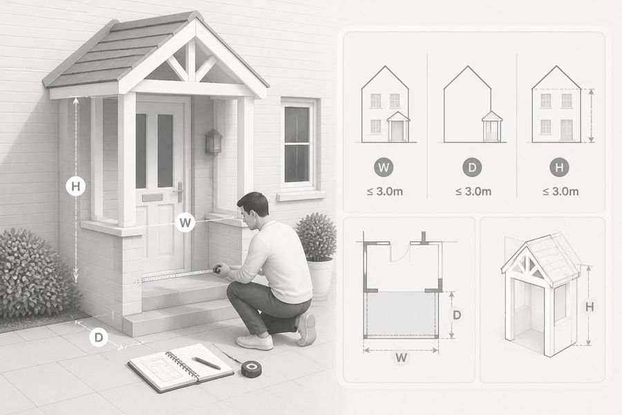 Homeowner measuring a front porch entrance with a tape measure and notebook, showing practical dimension checking on a brick house exterior with natural daylight