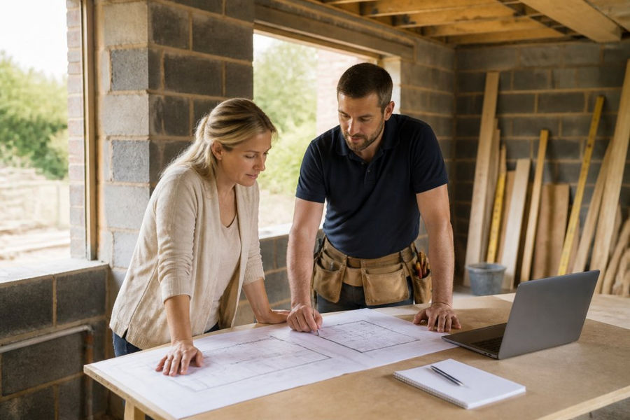 Homeowner and reliable home contractors reviewing project plans for a kitchen extension