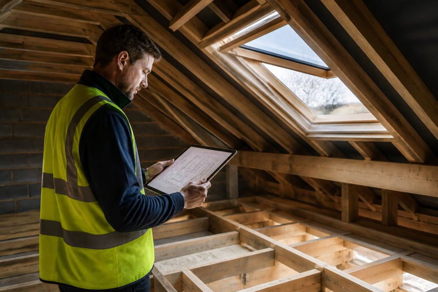 Structural engineer checking roof beam plans for building regulations compliance in a loft conversion space