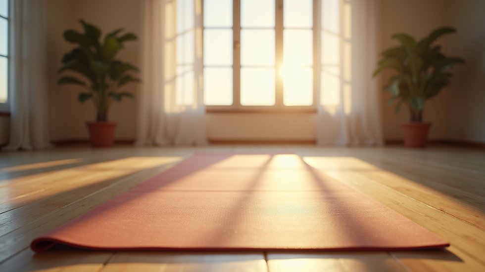Eye-level view of a yoga mat and a tranquil space