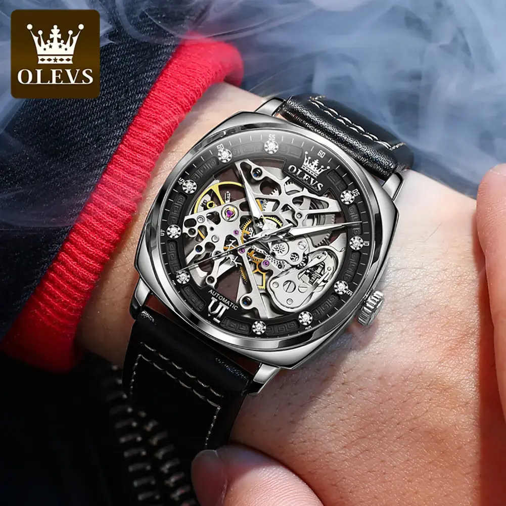 Original Olevs 6651 Skeleton Black Leather Watch (Automatic)