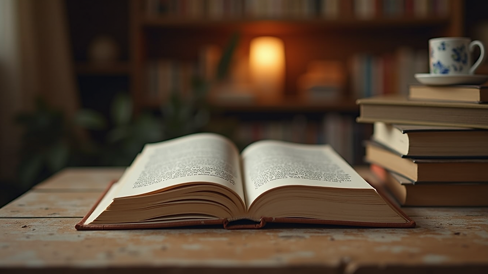 Eye-level view of a cozy reading nook with a stack of books