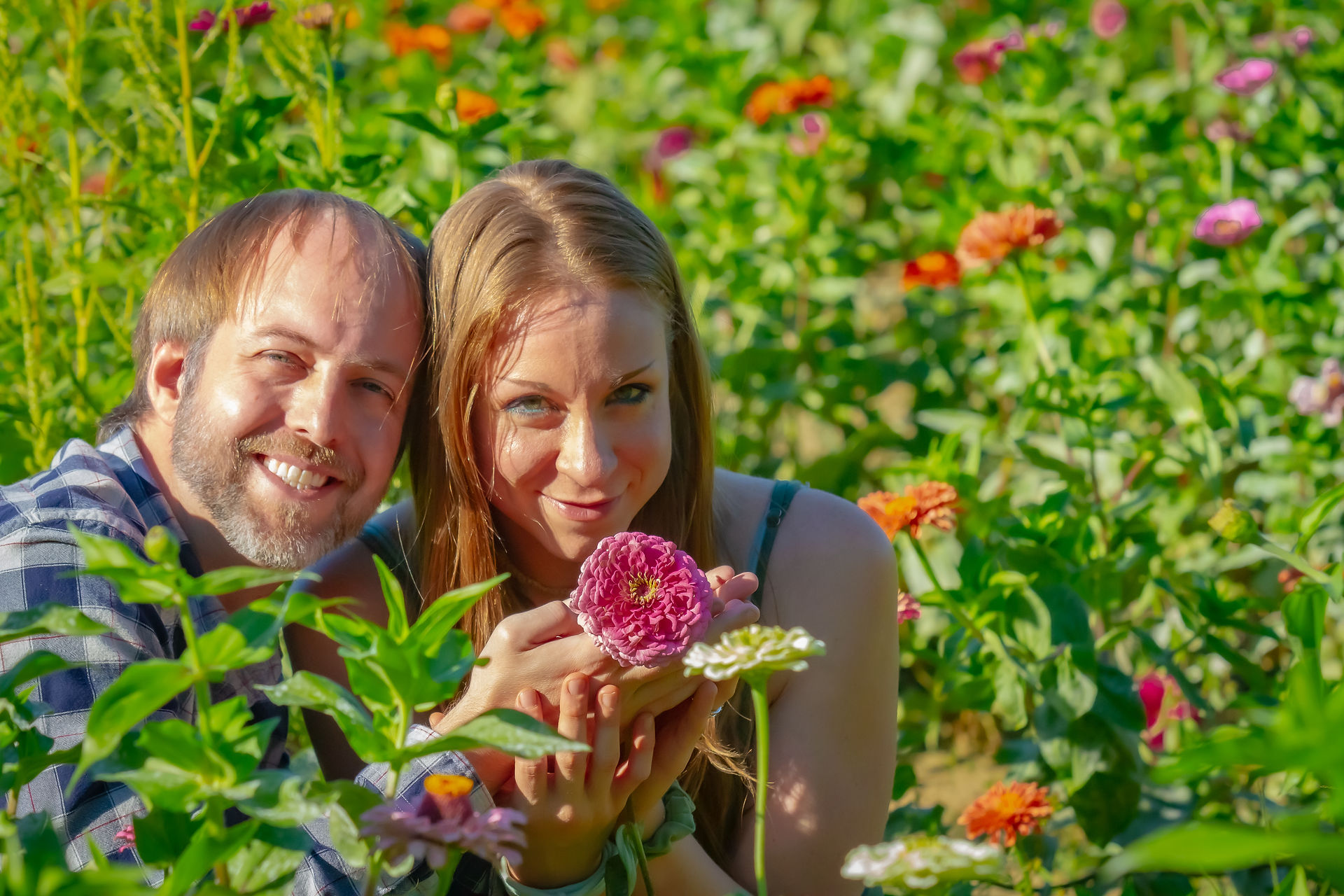 colorful flower field couples session