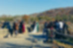 Bride and groom kiss outdoors surrounded by clapping guests in fall setting. Clear sky and colorful trees create a joyful atmosphere.