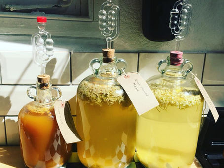 Glass demijohns with airlocks