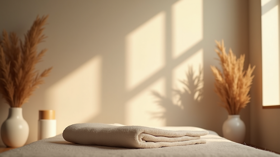 Eye-level view of a cozy wellness corner with soft lighting and natural decor