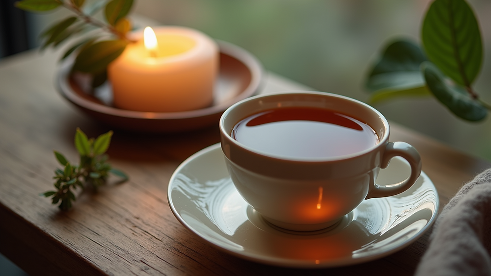 High angle view of a peaceful tea setup with natural elements and a lit candle