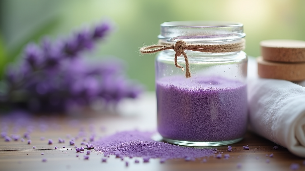Close-up view of a jar of lavender bath soak with natural herbs