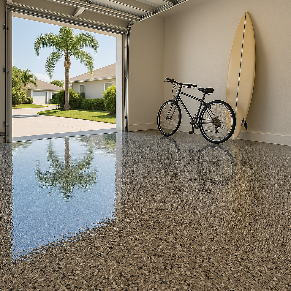 Bike and surfboard in a tidy garage with polished floor. Open door reveals sunny street, palm trees, and houses. Calm, inviting scene.
