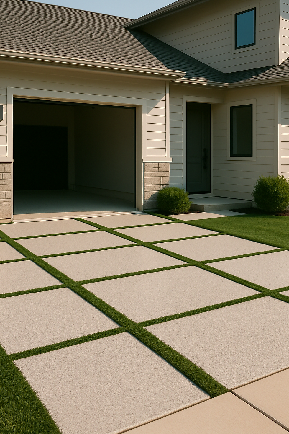Modern Winter Park home with a polyaspartic-coated driveway of concrete squares separated by fine turf, showcasing premium exterior coatings by Revelry Coatings.
