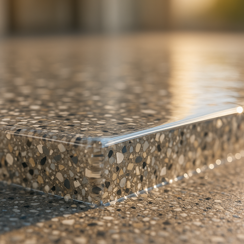 Close-up of a polished terrazzo countertop with a smooth, glossy finish. Sunlight casts a warm glow, highlighting various stone patterns.