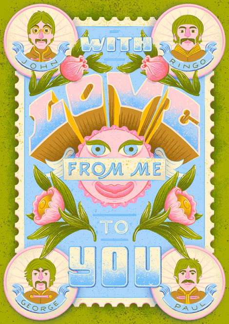 a greeting card quoting a Beatles song, depicting the Beatles, flowers a pink sun and a lettering saying "With love from me to you"