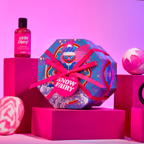 Packaging for Lush for their Snow Fairy line, illustration showing a snowboarding fairy, perfect for winter and christmas