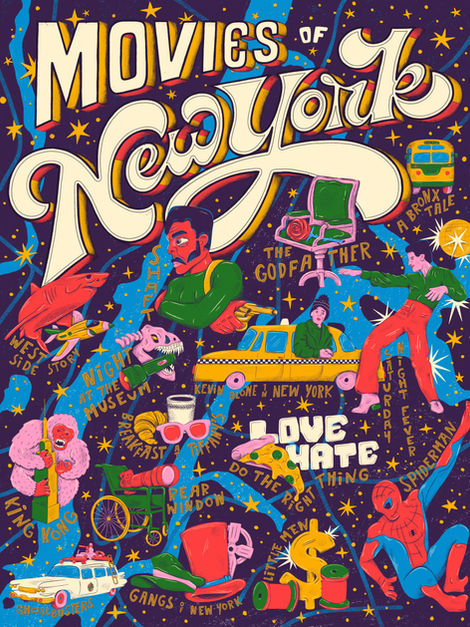 an illustrated map of "Movies of New York" referencing films like Kevin alone in New York, The Godfather, A Bronx Tale, Spiderman, Saturday Night Fever, Ghostbusters, Gangs of New York, King Kong, Night at the Museum and Westside Story
