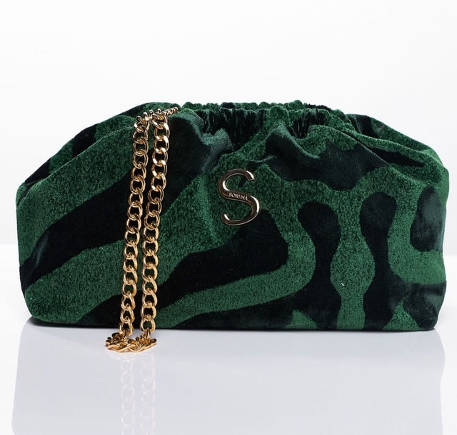 Sorena petrol animal print velvet clutch
