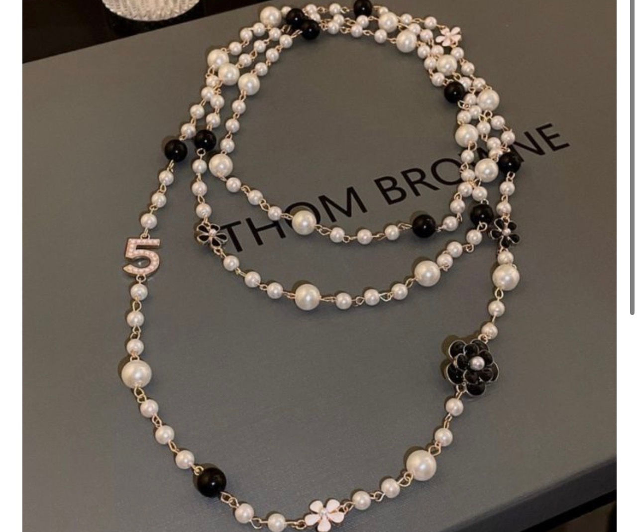 No 5. camellia pearl and black bead necklace