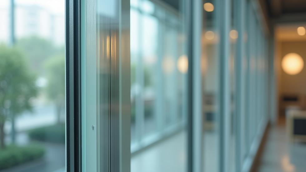 Close-up view of impact-resistant window glass showing laminated layers
