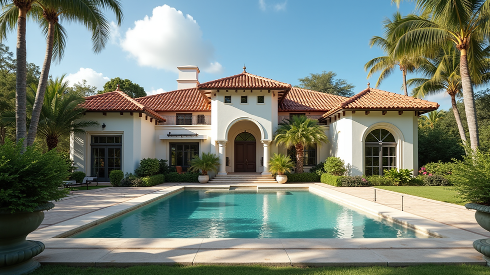 Eye-level view of a luxury home with terracotta tile roofing in Palm Beach