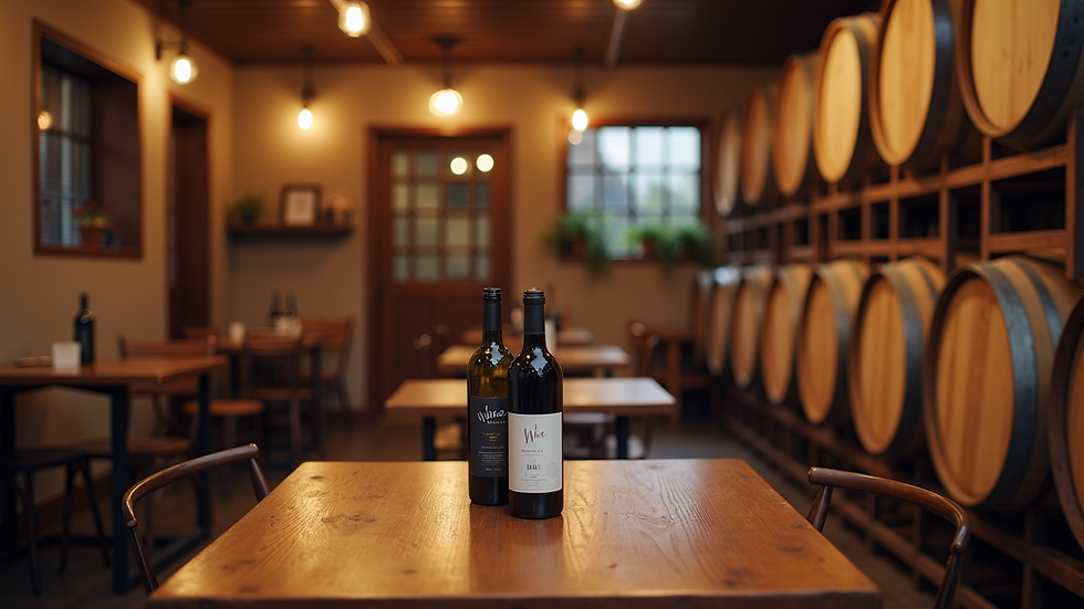 High angle view of a cozy winery tasting room with wooden tables and wine bottles
