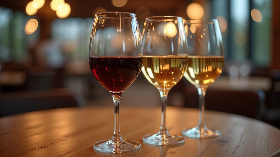 Close-up view of wine glasses filled with red and white wine on a wooden table