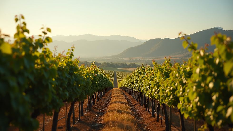 Eye-level view of vineyard rows with mountains in the background
