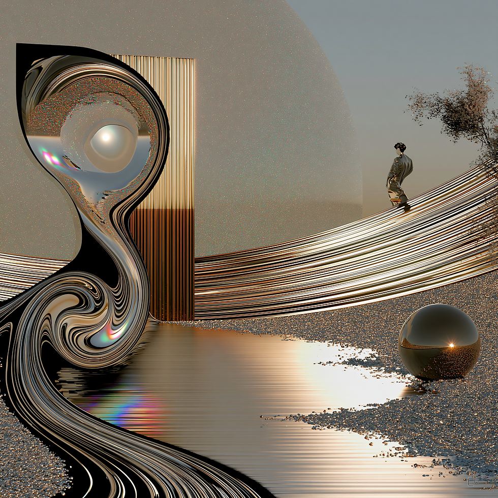 An Ego Saunter abstract printable digital wall art by AI Art Cook: chrome spirals, a polished sphere and a figure on a curved golden path