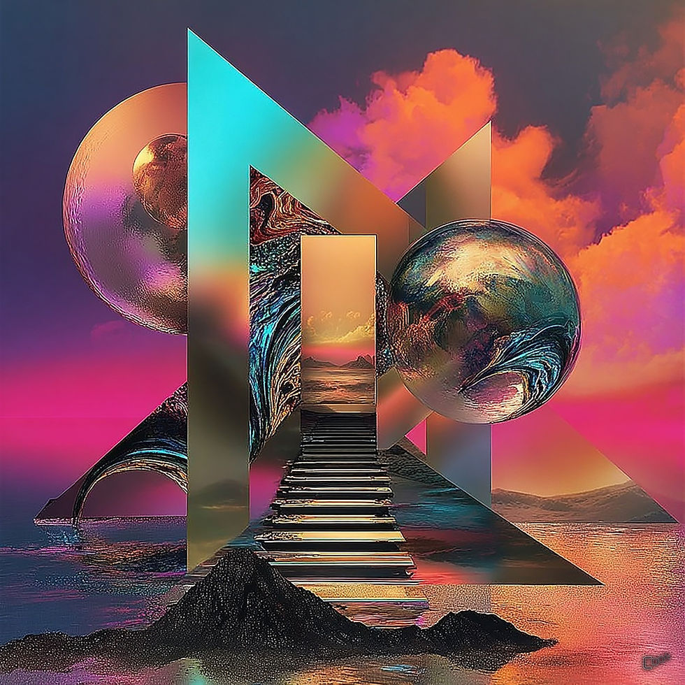 Inverse Portal abstract printable digital wall art by AI Art Cook: a turquoise triangular frame with stairs and two planets in a pink sunset