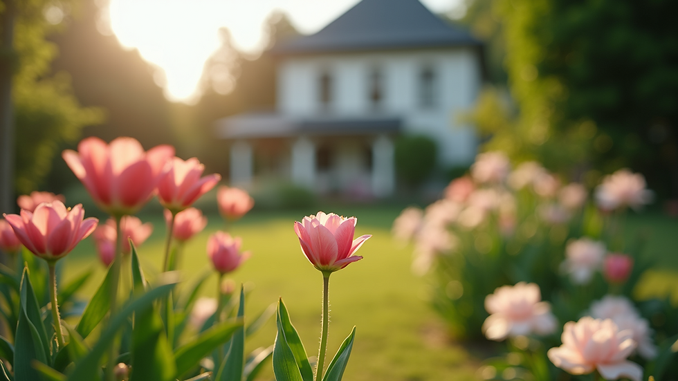 Eye-level view of a peaceful garden with blooming flowers