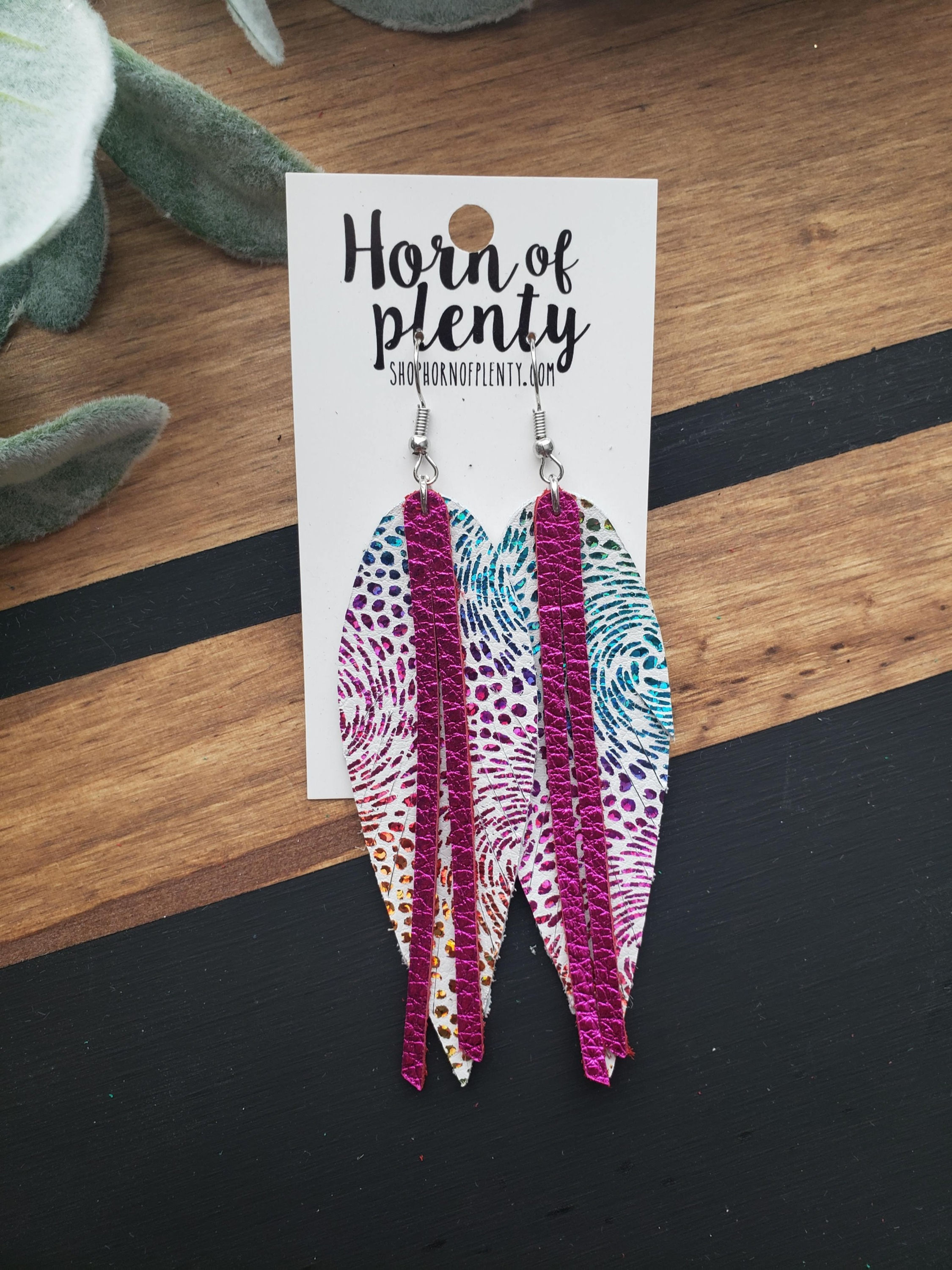 Feather Earrings-Rainbow swirl w/hot pink 
