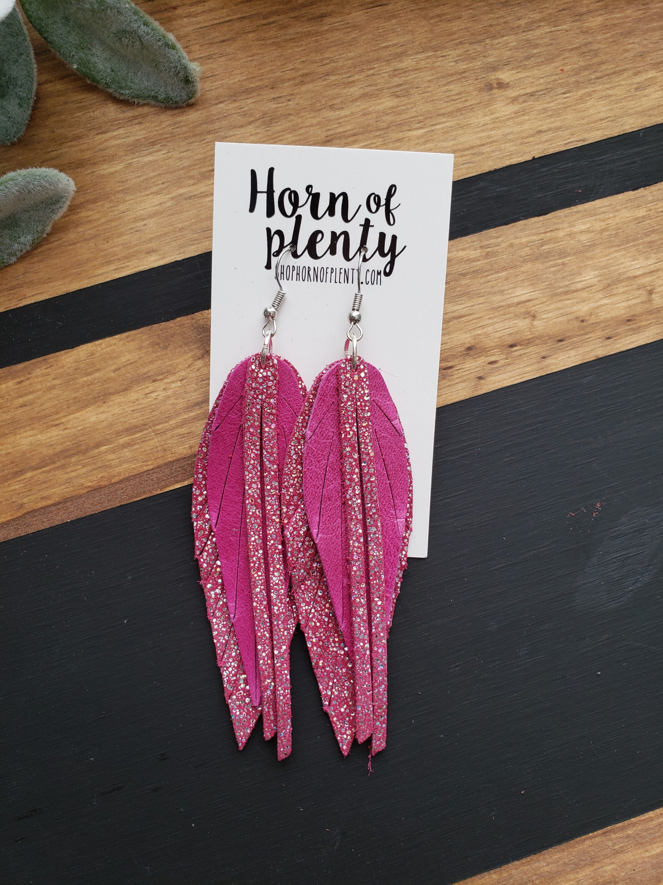 Feather Earrings- Hot Pink Sparkle