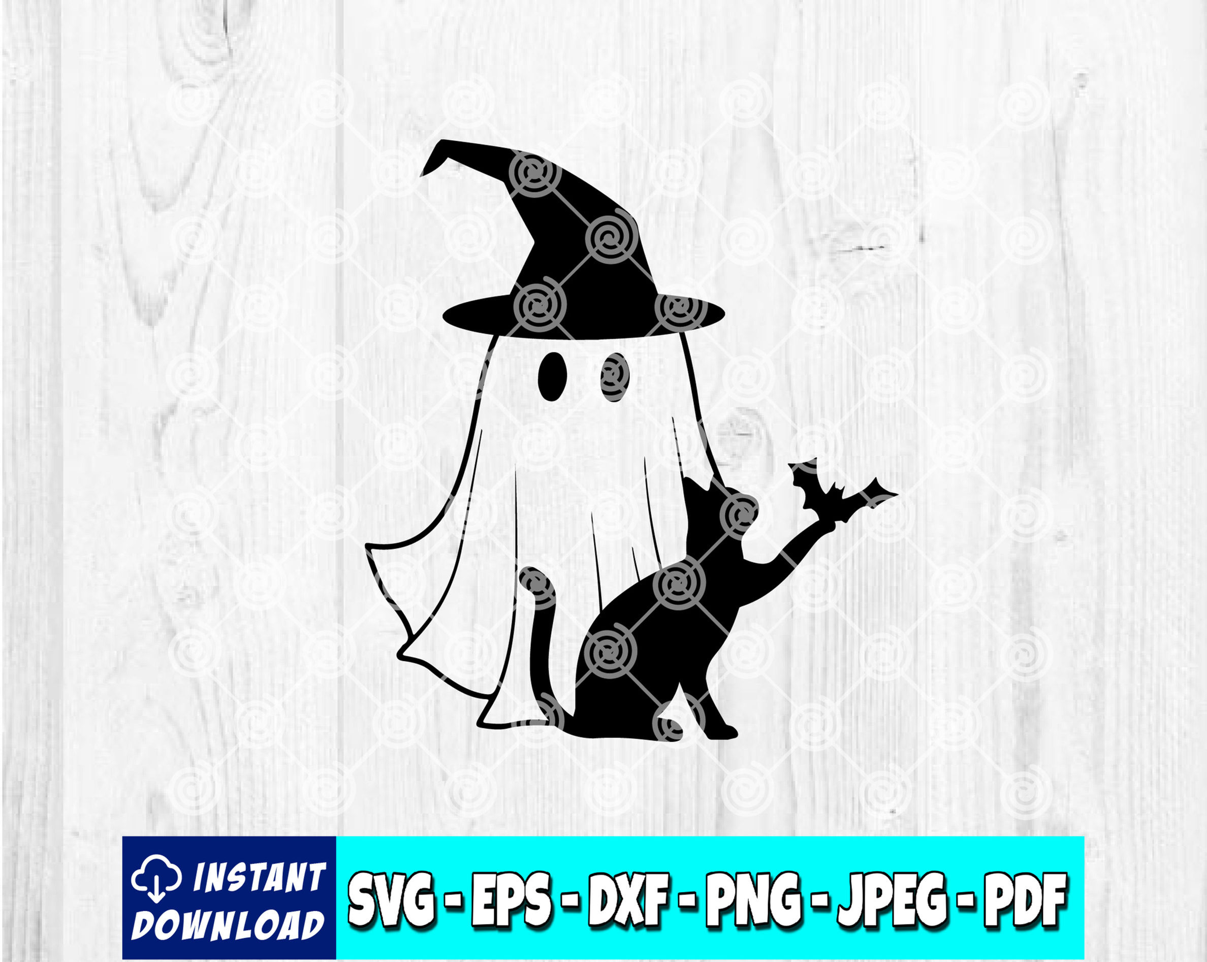 Ghost with Witches Hat SVG | Ghost svg | Witch svg | Cat Bat svg | Cute Ghost