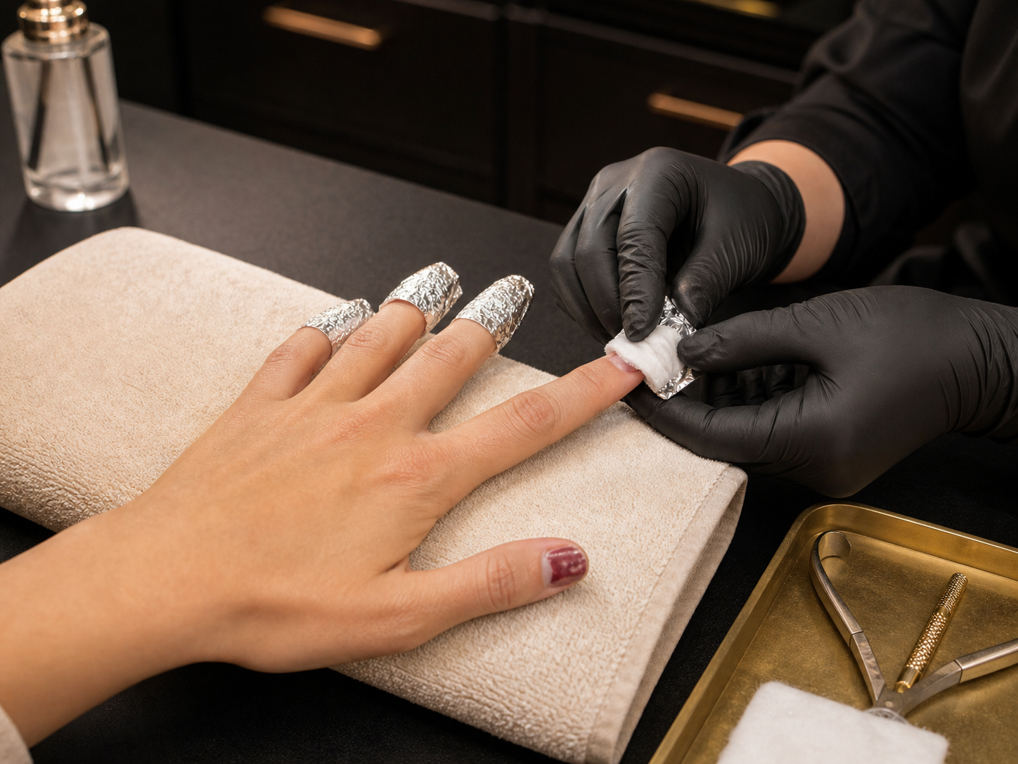 Professional gel nail removal with cotton and foil at L.A.K Nail Salon in SoHo, New York City