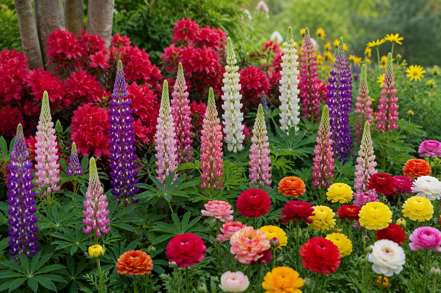Lupinen-Mischung mit farbenfrohen, aufrechten Blütenkerzen im sonnigen Gartenbeet.