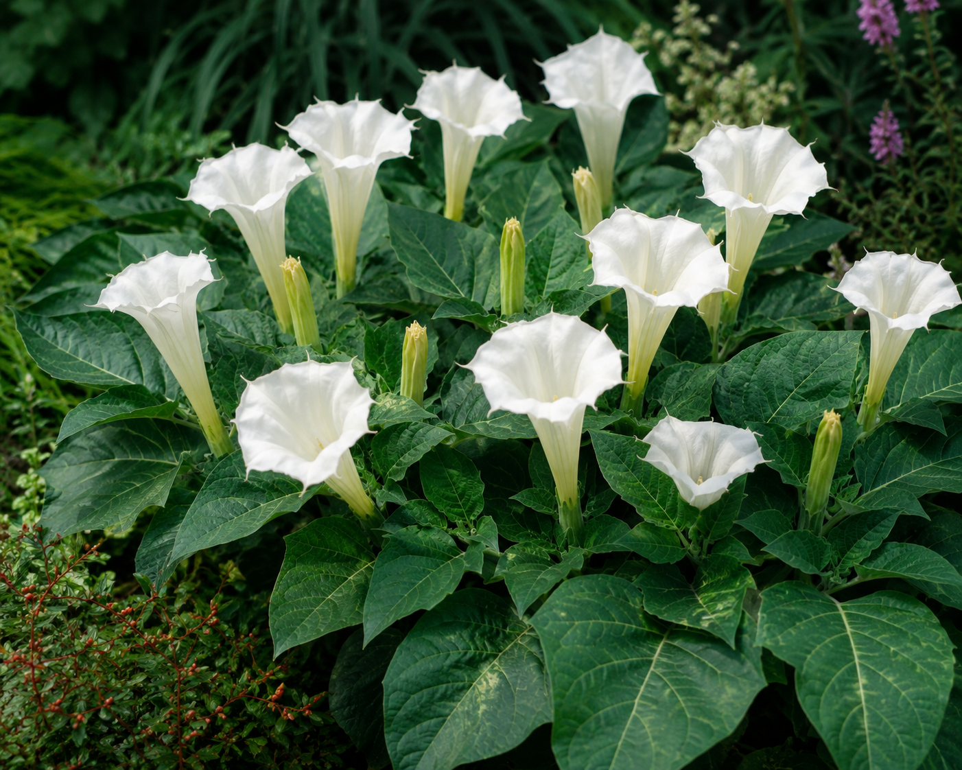 Stechapfel (Datura) mit großen weißen Trompetenblüten und stacheligen Samenkapseln im Garten.