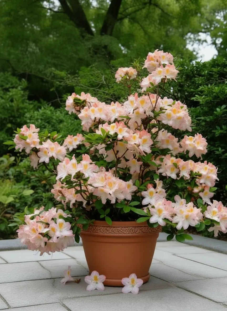 Blühender Rhododendron Virginia Richards mit cremegelben Blüten und orangefarbener Zeichnung