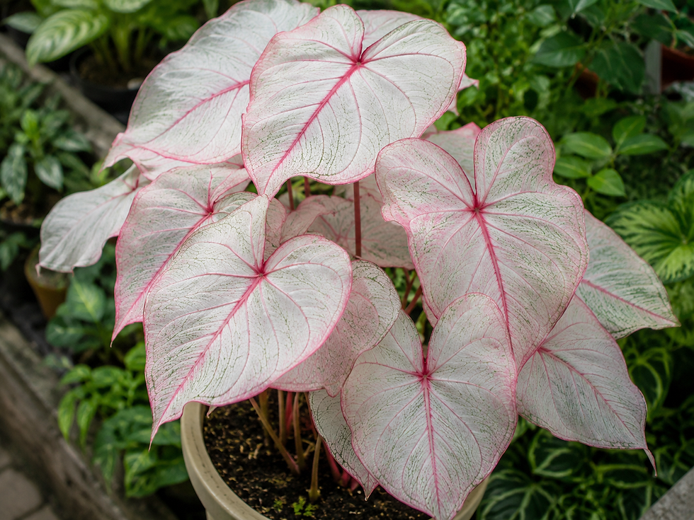 Caladium 'Bicolor Pink Symphonie' mit dekorativen rosa-grün panaschierten Herzblättern im Topf oder Wintergarten.