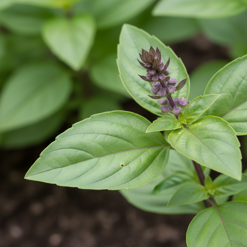 Nahaufnahme von Zimt-Basilikum (Ocimum basilicum var. cinnamomum)