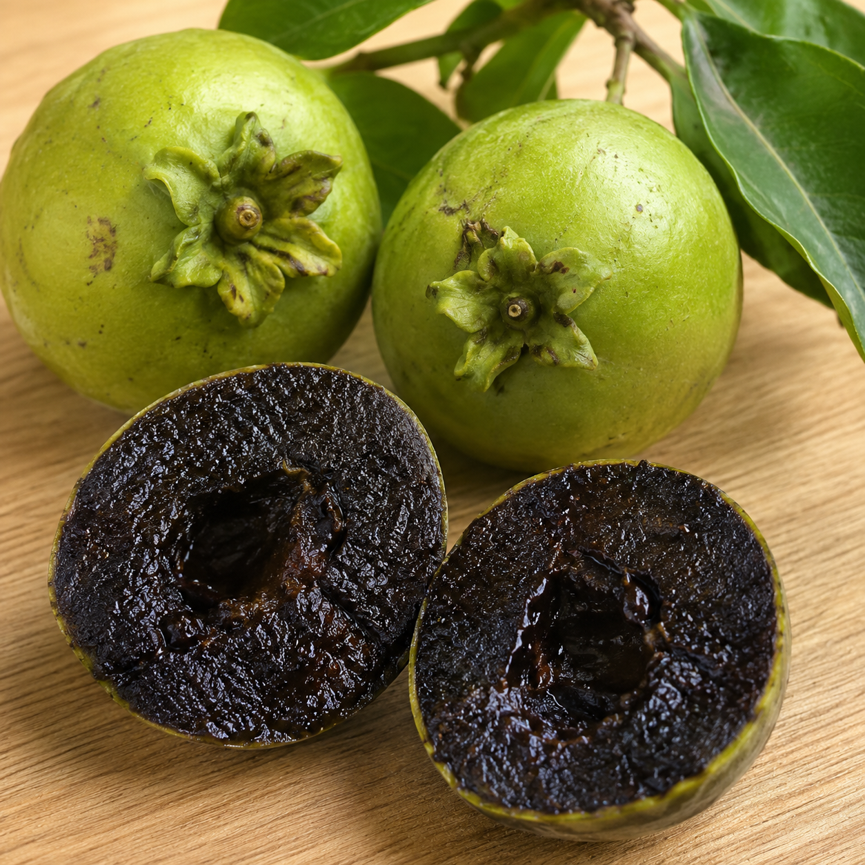 Schwarze Sapote (Diospyros digyna) mit reifen grünen Früchten und glänzenden grünen Blättern.