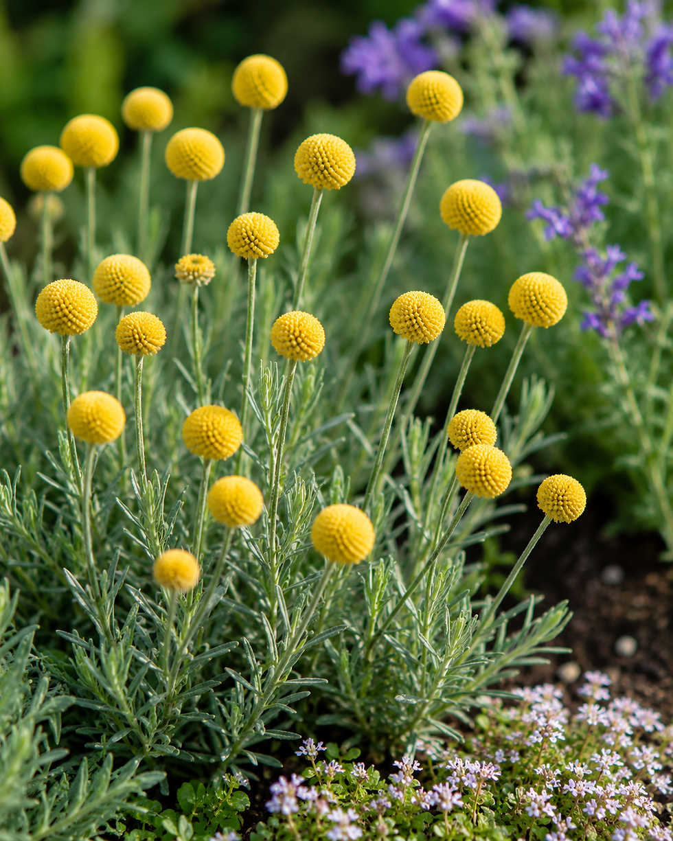 Craspedia globosa mit kugelrunden, leuchtend gelben Blüten auf langen, schlanken Stielen im Gartenbeet.