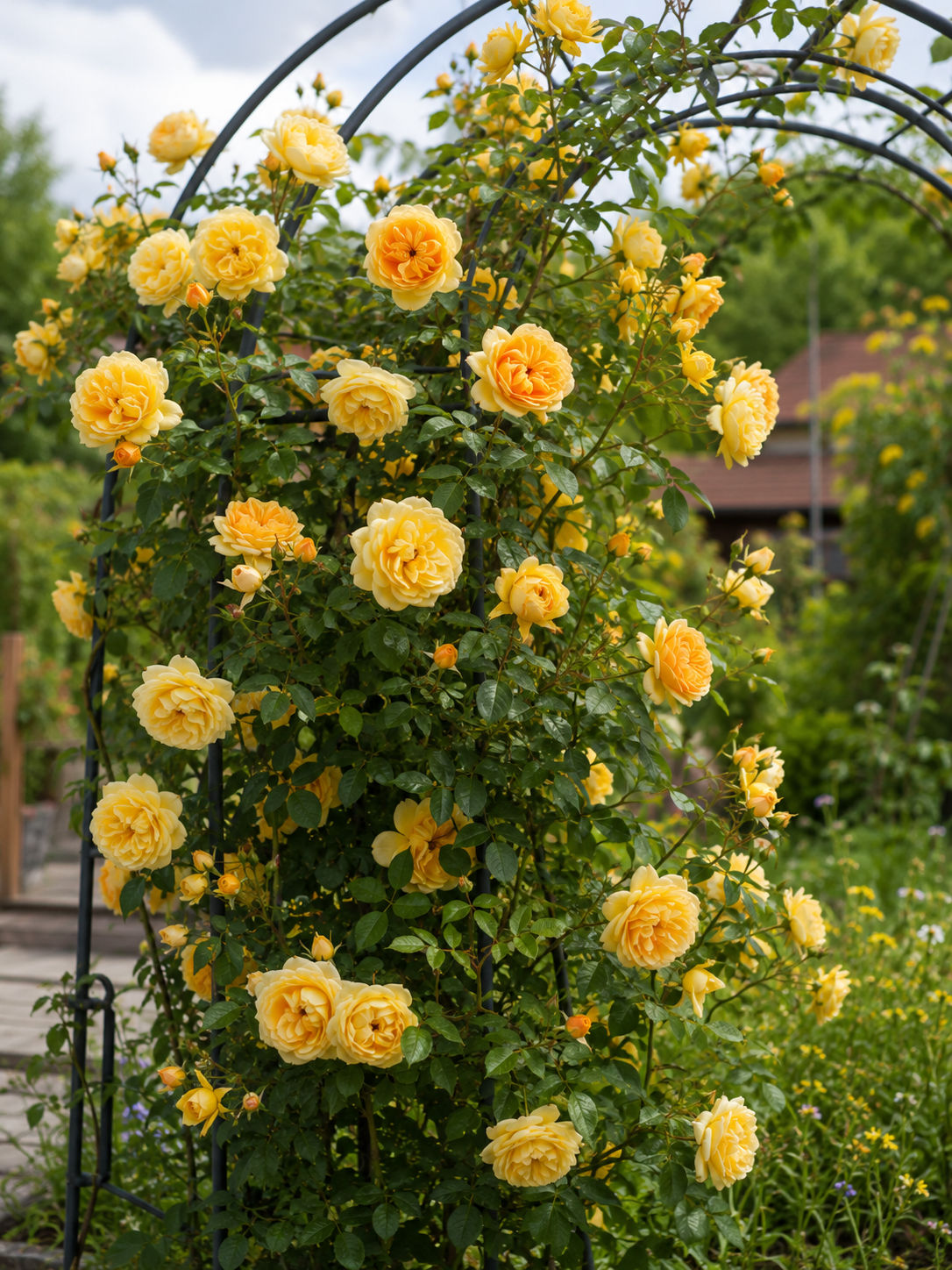 : Kletterrose 'Alba' mit gefüllten gelben Blüten an einer Rankhilfe im Garten.